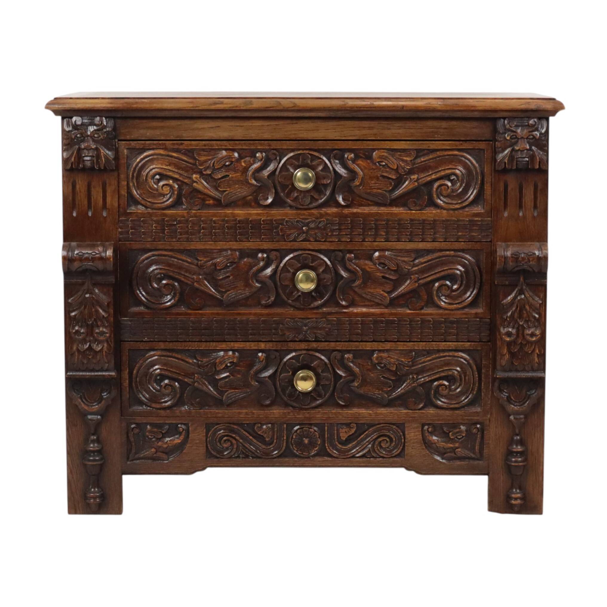 Vintage Carved Oak Cabinet/Chest of Drawers with Mythical Figures