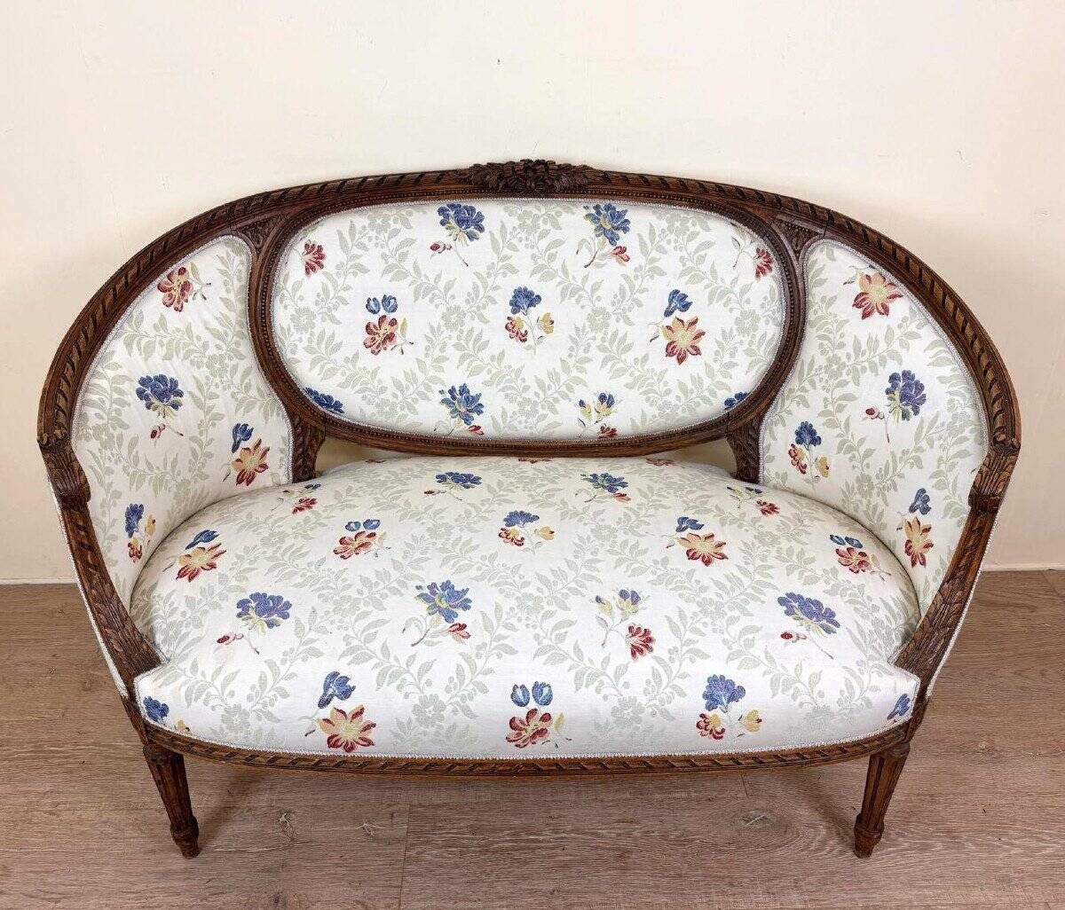 Louis XVI Style Basket Bench with floral fabric