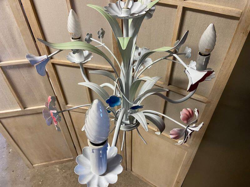 Antique florentine ceiling chandelier floral bouquet design 1970 decorative art sheet metal