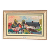 Original Swedish Oil on Panel – "Boats in a Fisherman's Village" by Louis Zelig (1922–1993) – Signed – Vintage and Framed – 38 × 58 cm (15" × 22.8")