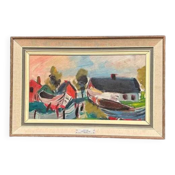Original Swedish Oil on Panel – "Boats in a Fisherman's Village" by Louis Zelig (1922–1993) – Signed – Vintage and Framed – 38 × 58 cm (15" × 22.8")