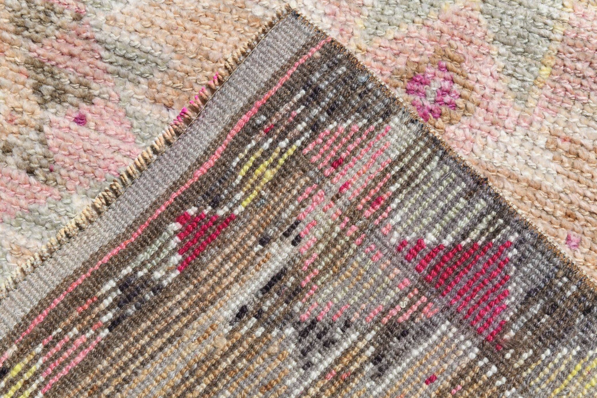 Fuchsia & Pink Vintage Runner Rug,Anatolian Geometric Wool Carpet,80x364 Cm