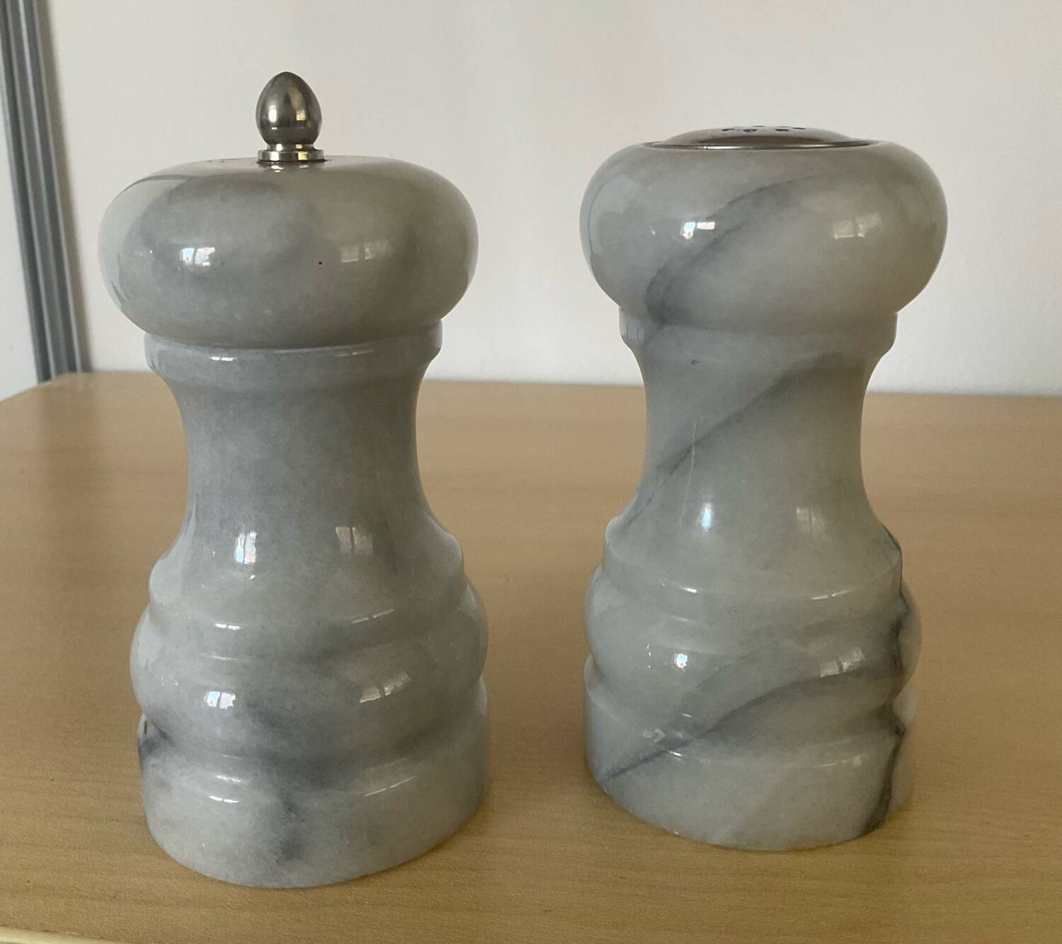 Vintage Carrara marble pepper mill and salt shaker set