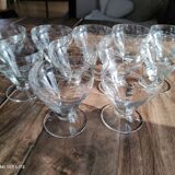 Set of 11 champagne glasses on low foot in old glass engraved floral decoration