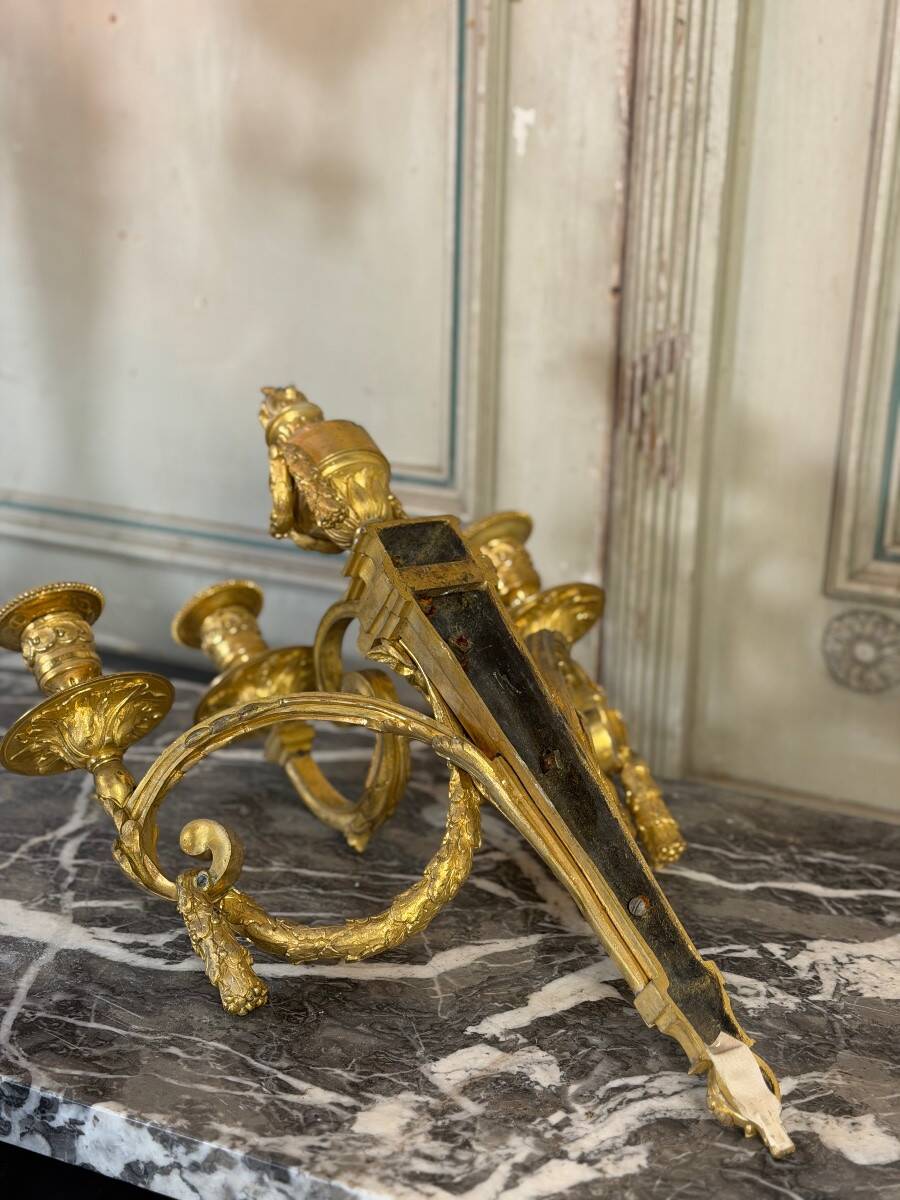 Pair of Louis XVI style wall sconces in gilded bronze, circa 1880.