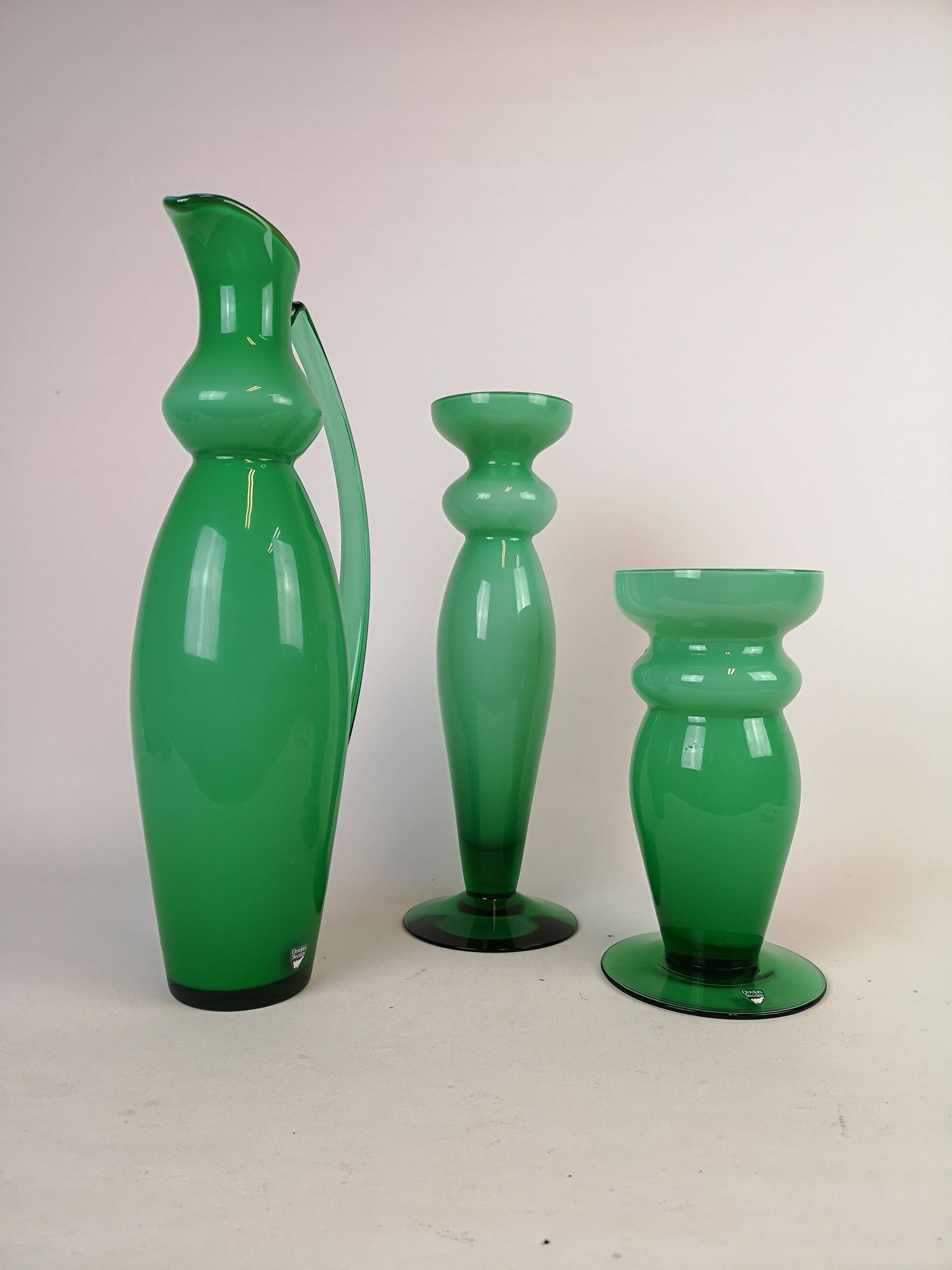 Ensemble de 3 pièces en verre vert Orrefors, Suède