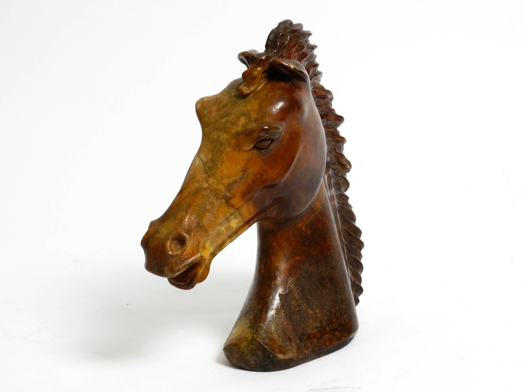 Decorative heavy lifelike 1960's horse head sculpture in brown soapstone