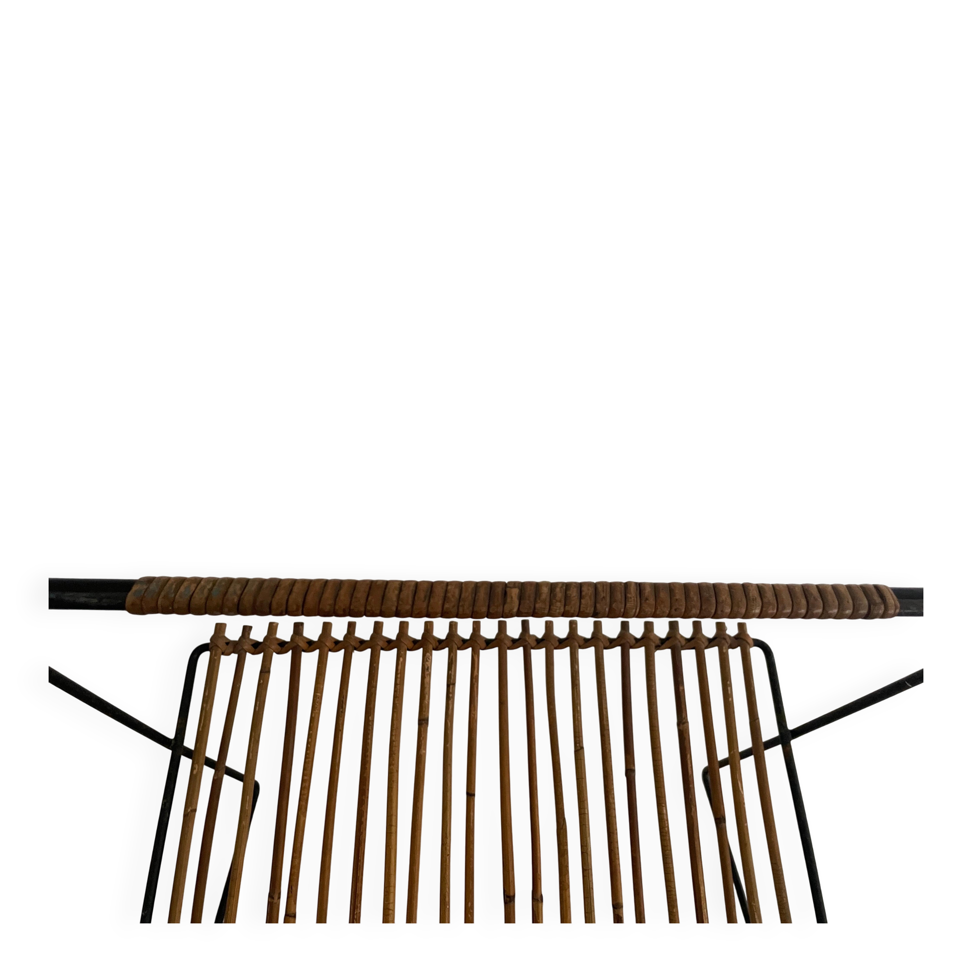 Mid-century black metal and rattan magazine rack, 1960, Italy