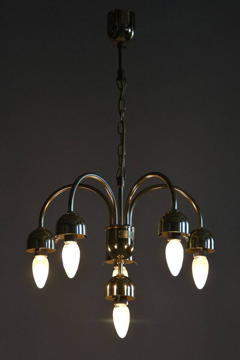 Mid-Century Chandelier in Brass and Opaline Glass, Czech, 1950s