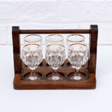 Vintage 6 liquor glasses and wood carrying tray