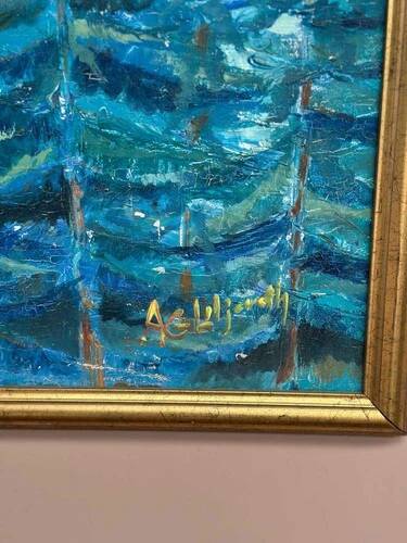 Mid-Century Oil on Canvas “Blue Trees” by Ag Liljardh– Vintage & Framed