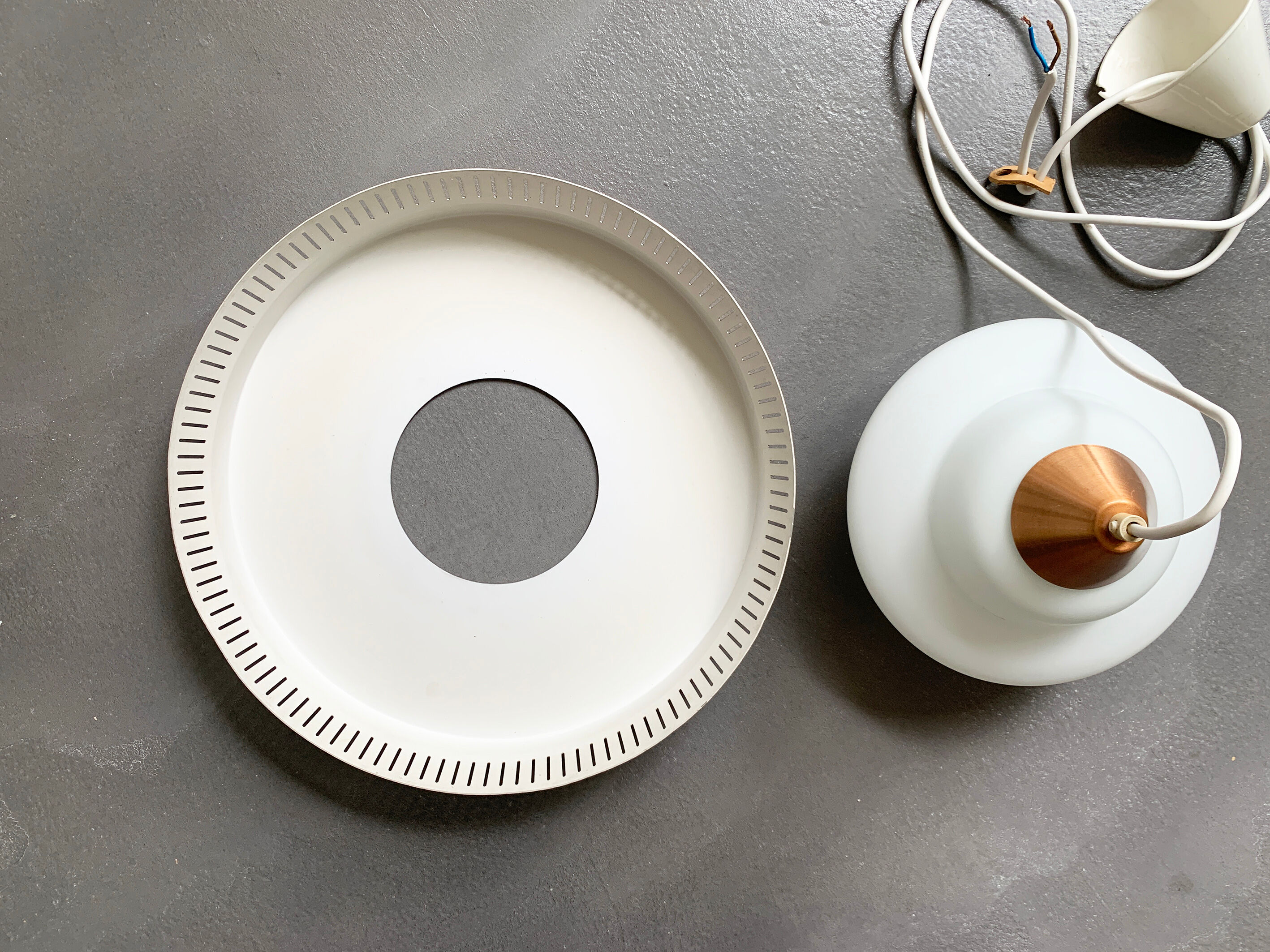 Scandinavian suspension lamp in copper and opaline glass, Bent Karlby for Lyfa, Denmark, 1960s