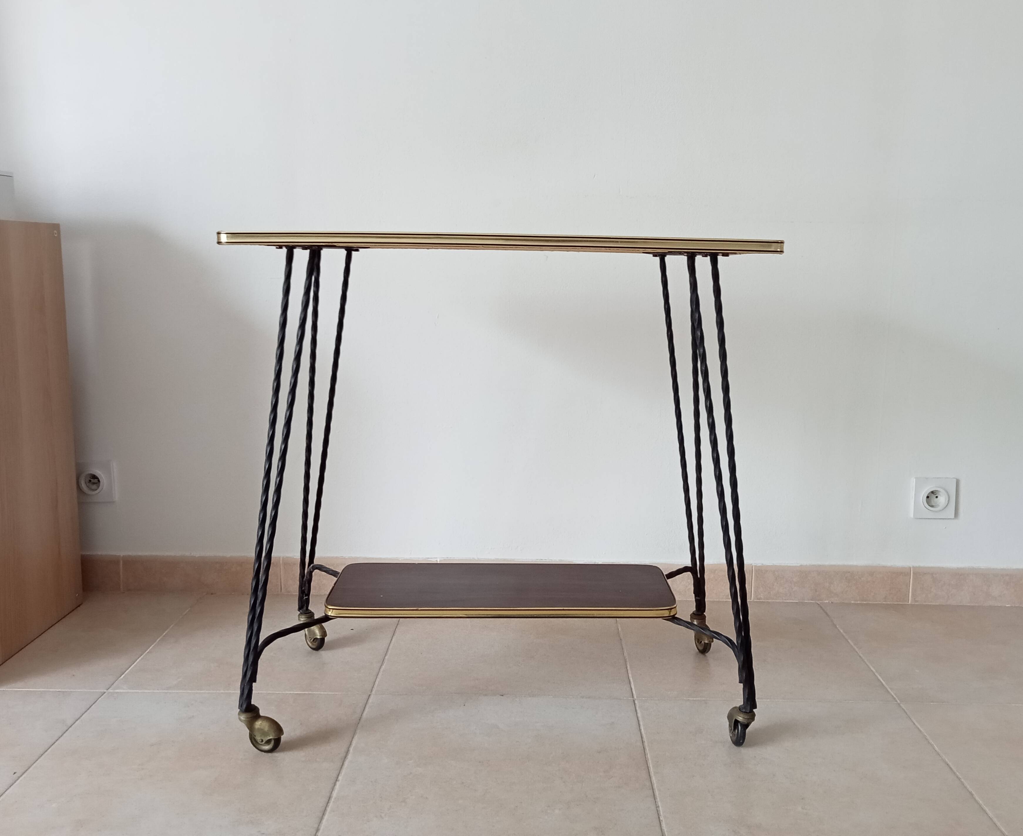 Vintage Formica and wrought iron rolling dessert trolley/side table.