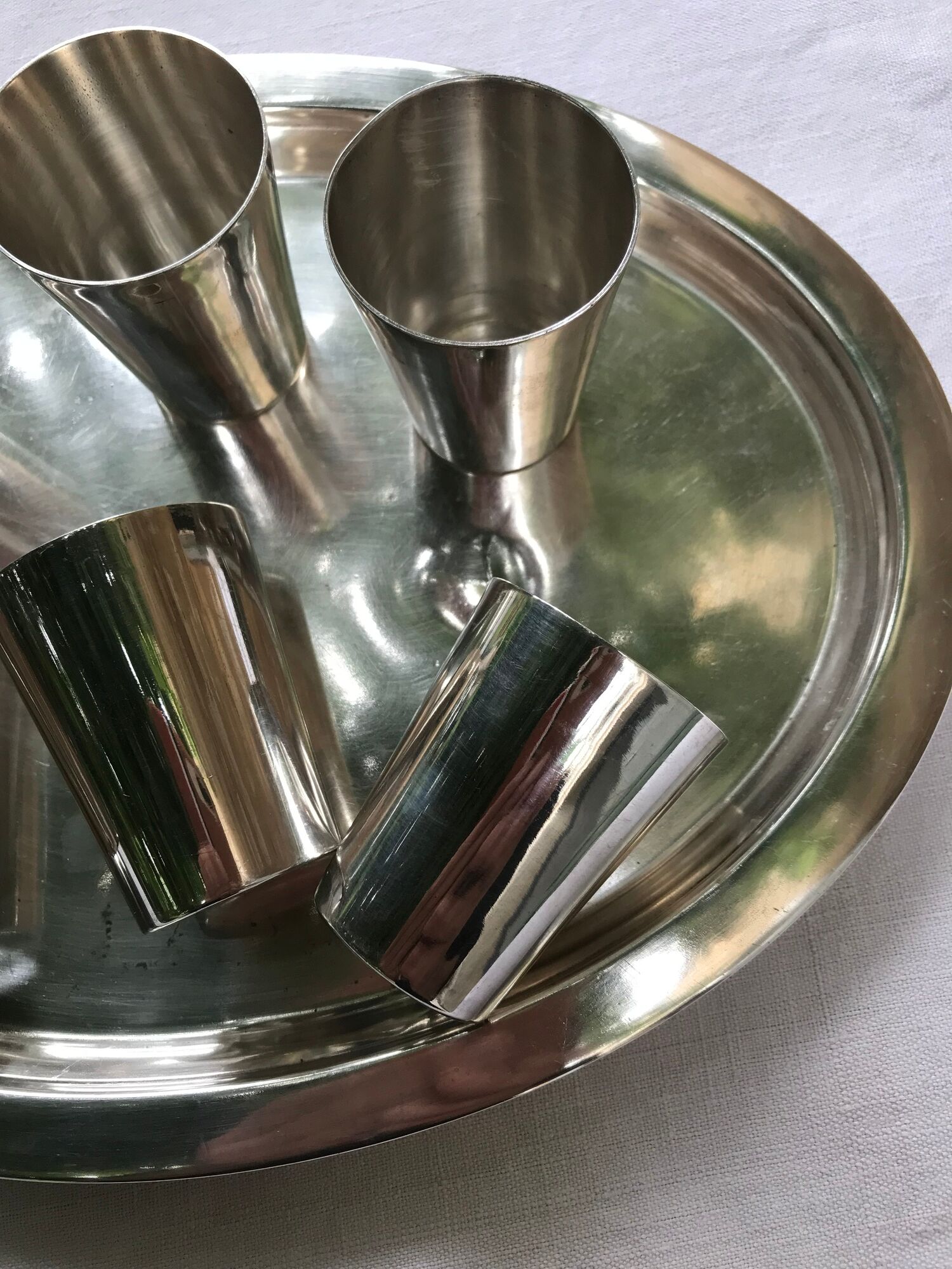 Silver Metal Liquor Service. tray and 6 cups
