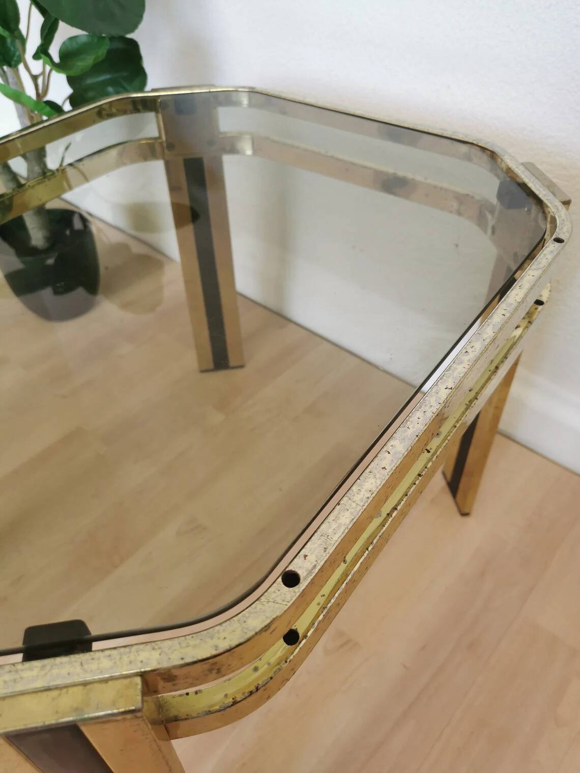 Vintage Brass & Smoked Glass Coffee Table: Mid-Century Italian End Table