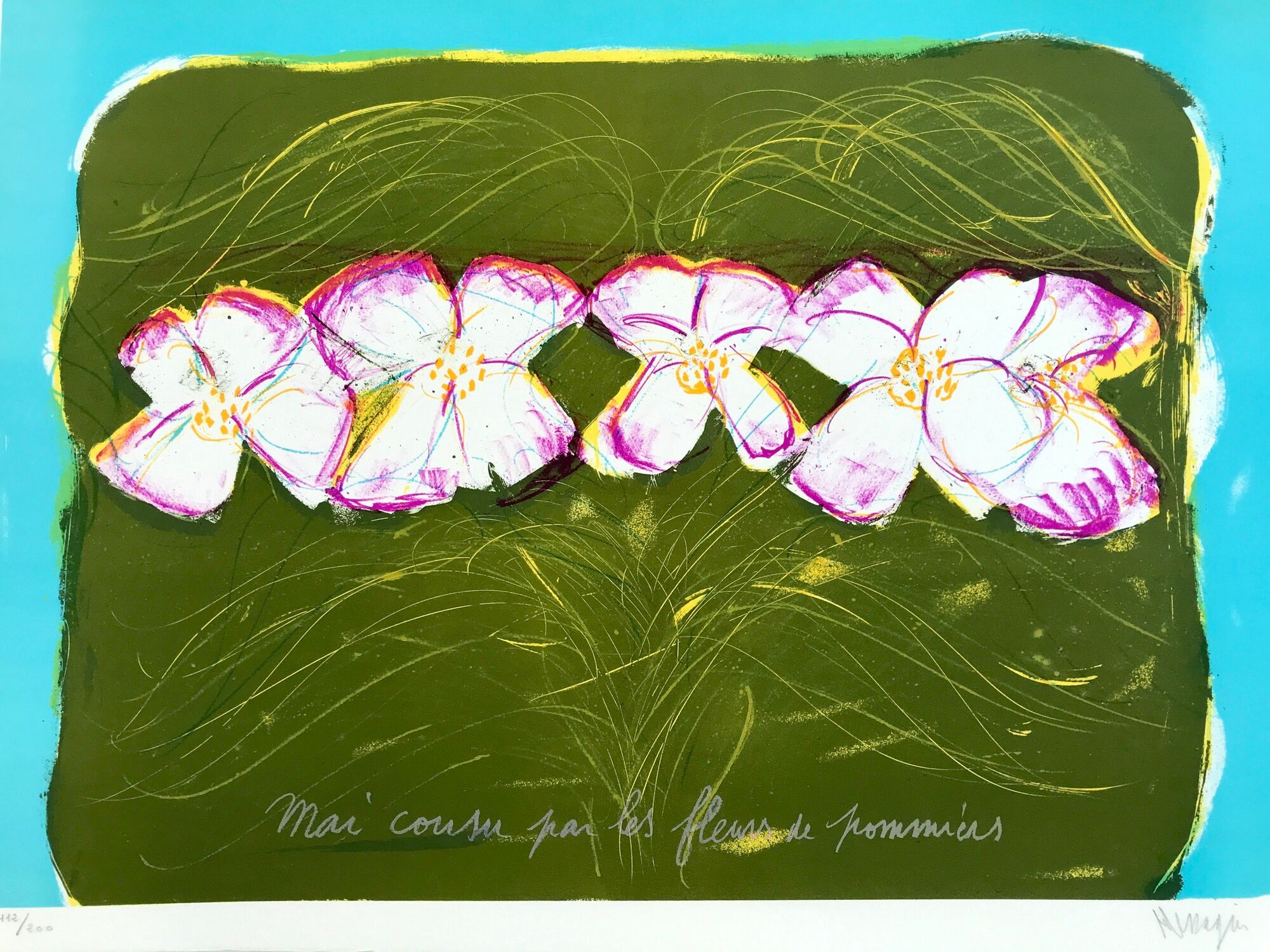 Original lithograph signed by Jean Messagier, May sewn by apple blossoms