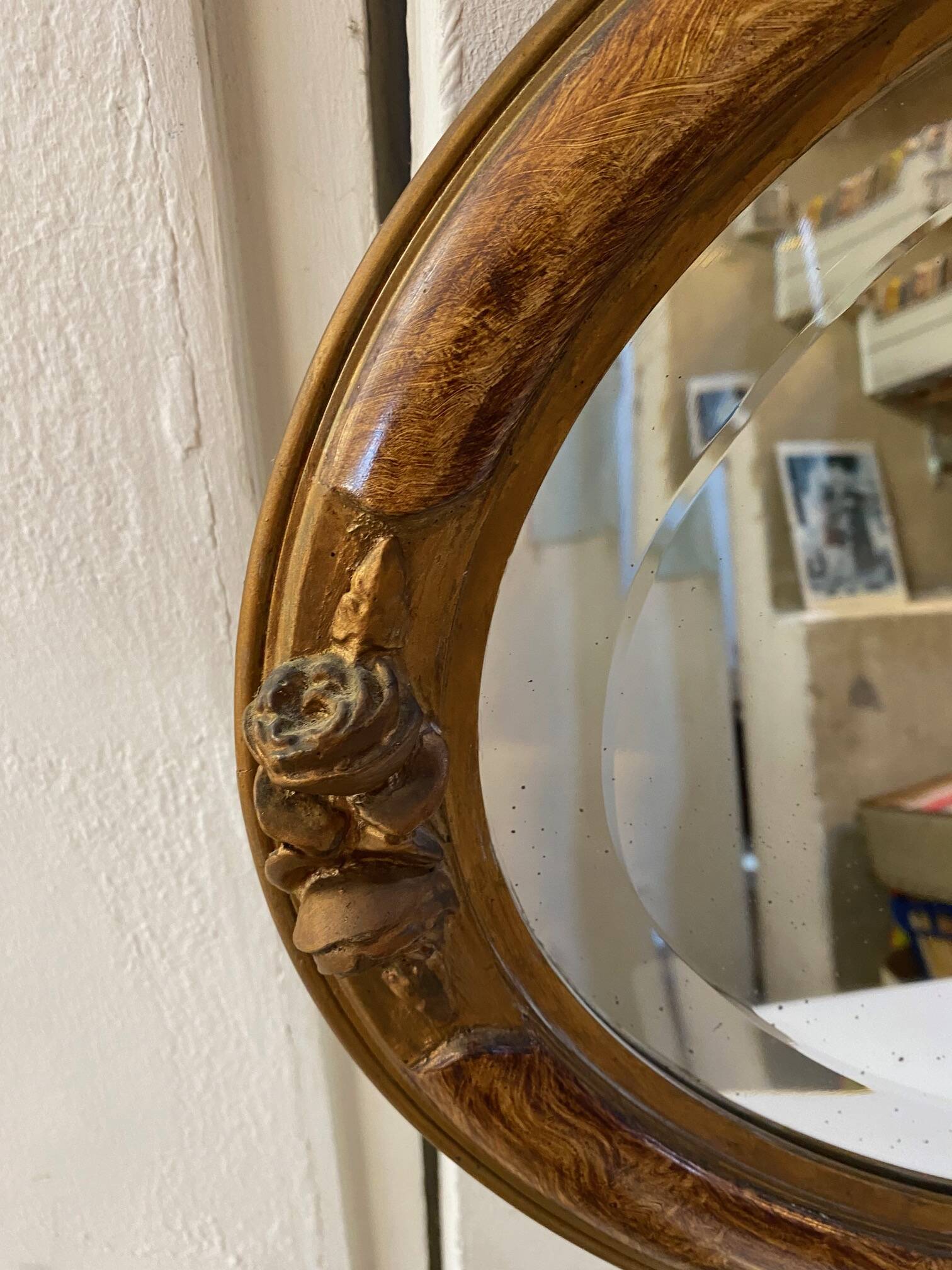 OVAL ART NOUVEAU MIRROR WITH ROSE DECOR AND PAINTED WOOD BEVELED GLASS