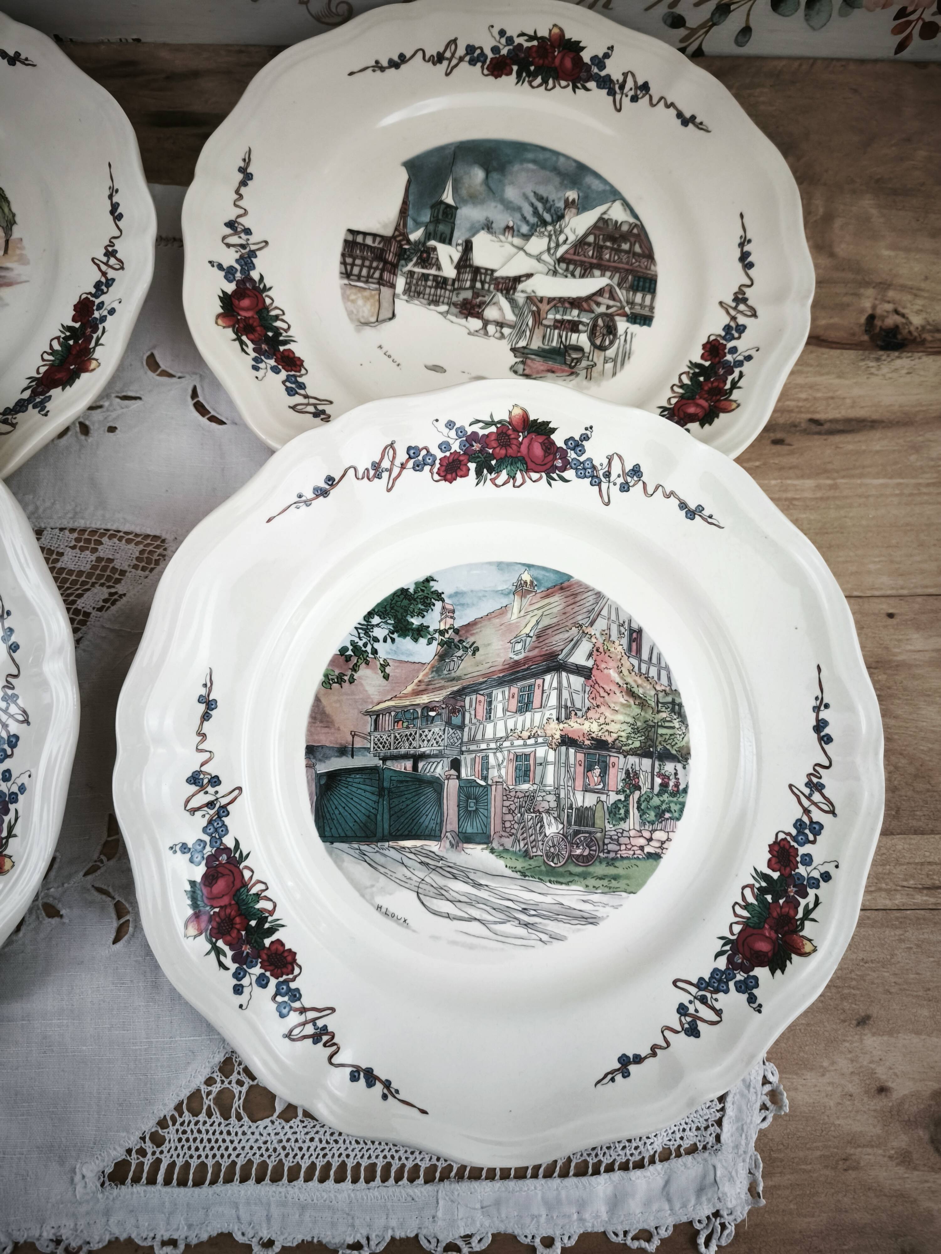 Set of 6 flat plates Sarreguemines model Obernai