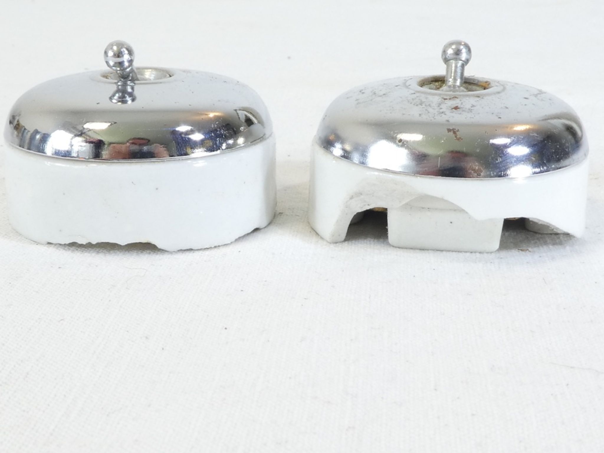 3 Ancient porcelain switches and industrial vintage crhomé metal