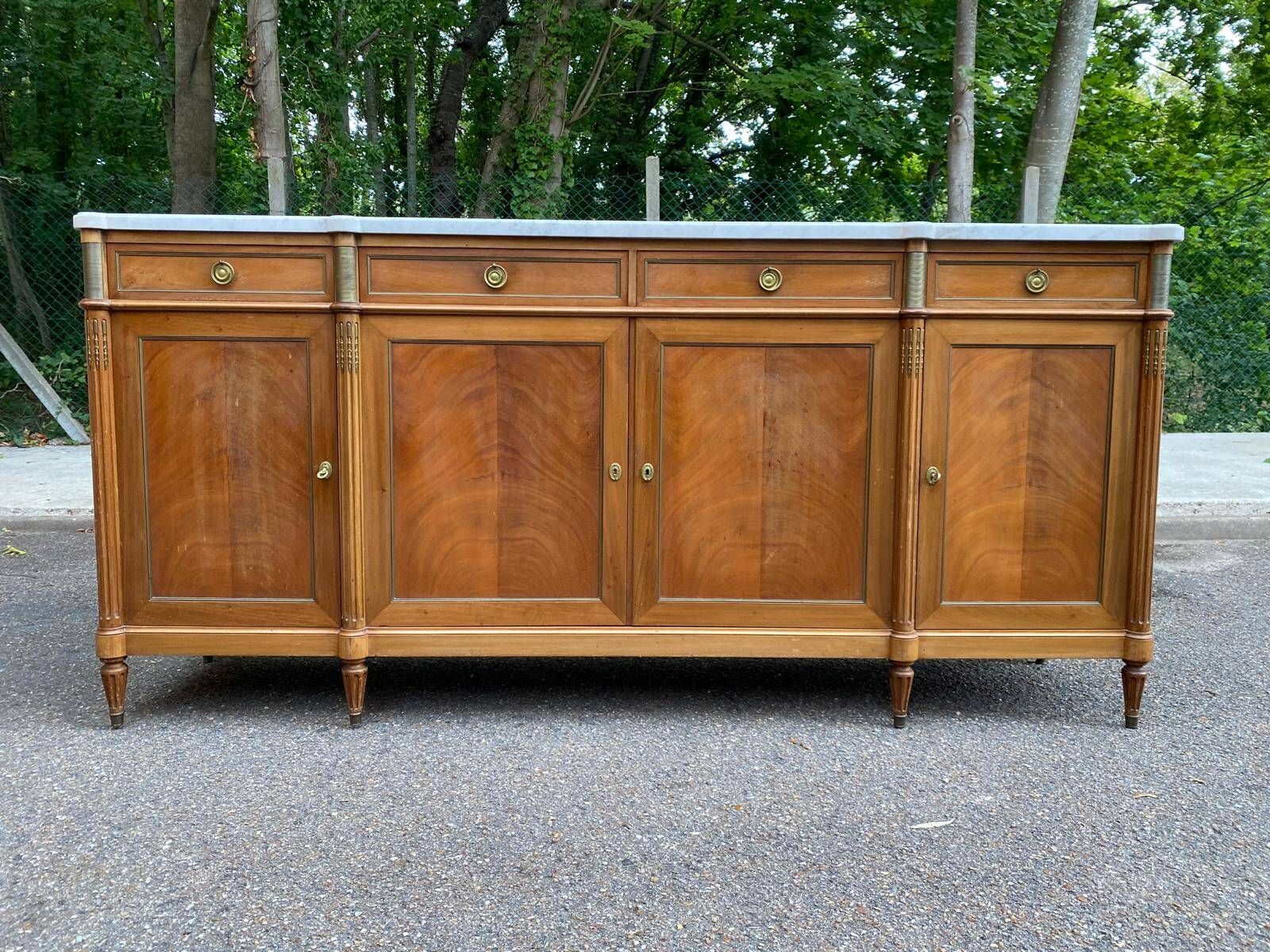 Louis XVI sideboard in solid mahogany with a white marble top, 222cm, 1950.