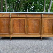 Louis XVI sideboard in solid mahogany with a white marble top, 222cm, 1950.