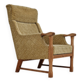 Fauteuil danois à dossier haut, tissu d’ameublement, bois de chêne