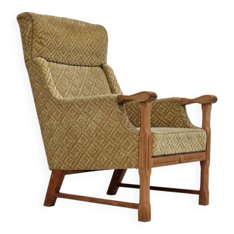 Fauteuil danois à dossier haut, tissu d’ameublement, bois de chêne