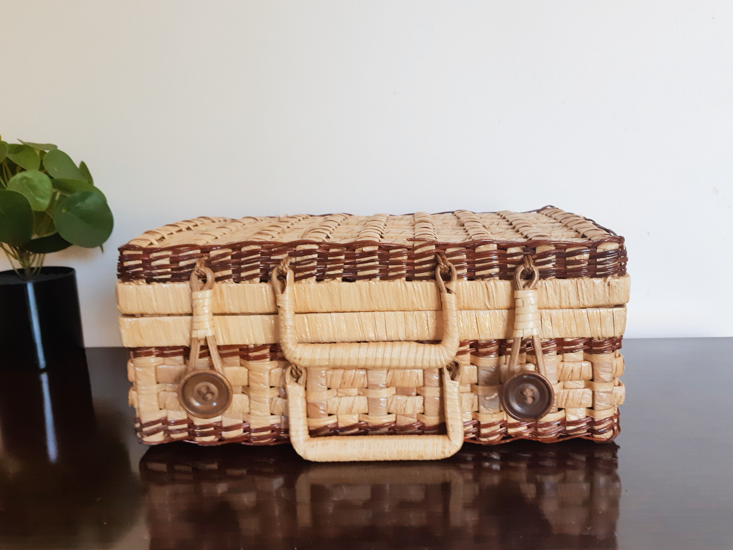 Rattan suitcase, wicker, vintage French, vanity