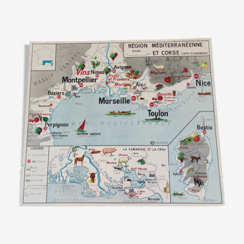 Poster school map Mediterranean region and Corsica / Massif Central Economy