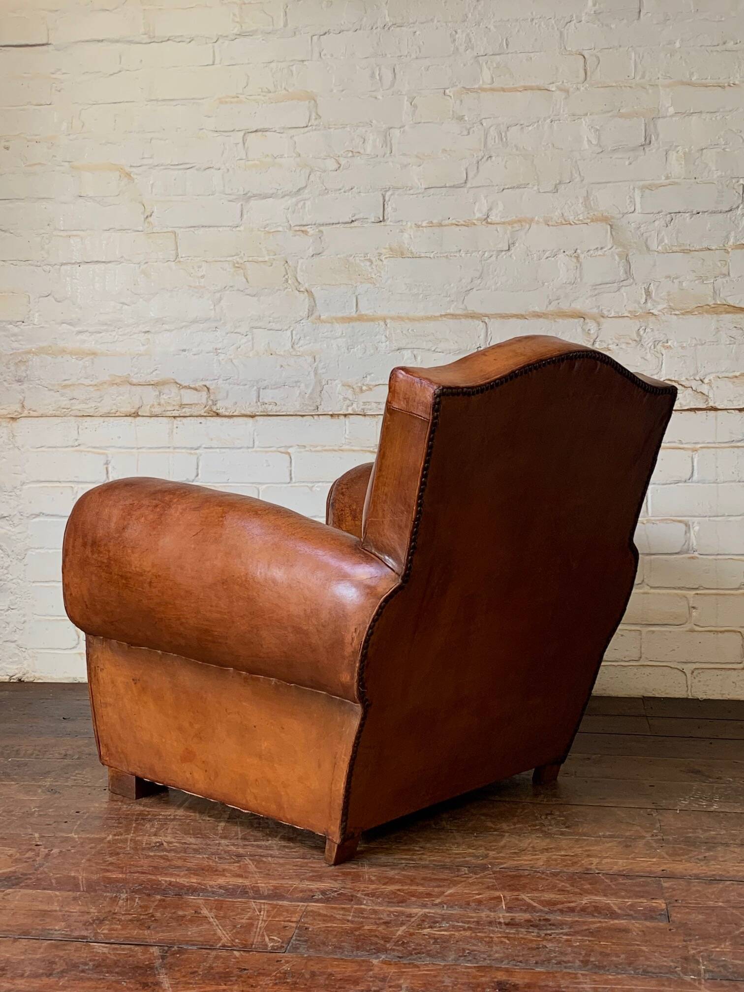 French leather club chair chapeau de gendarme in caramel c 1950