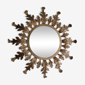 Sun mirror in gold metal, acanthus leaf 1950