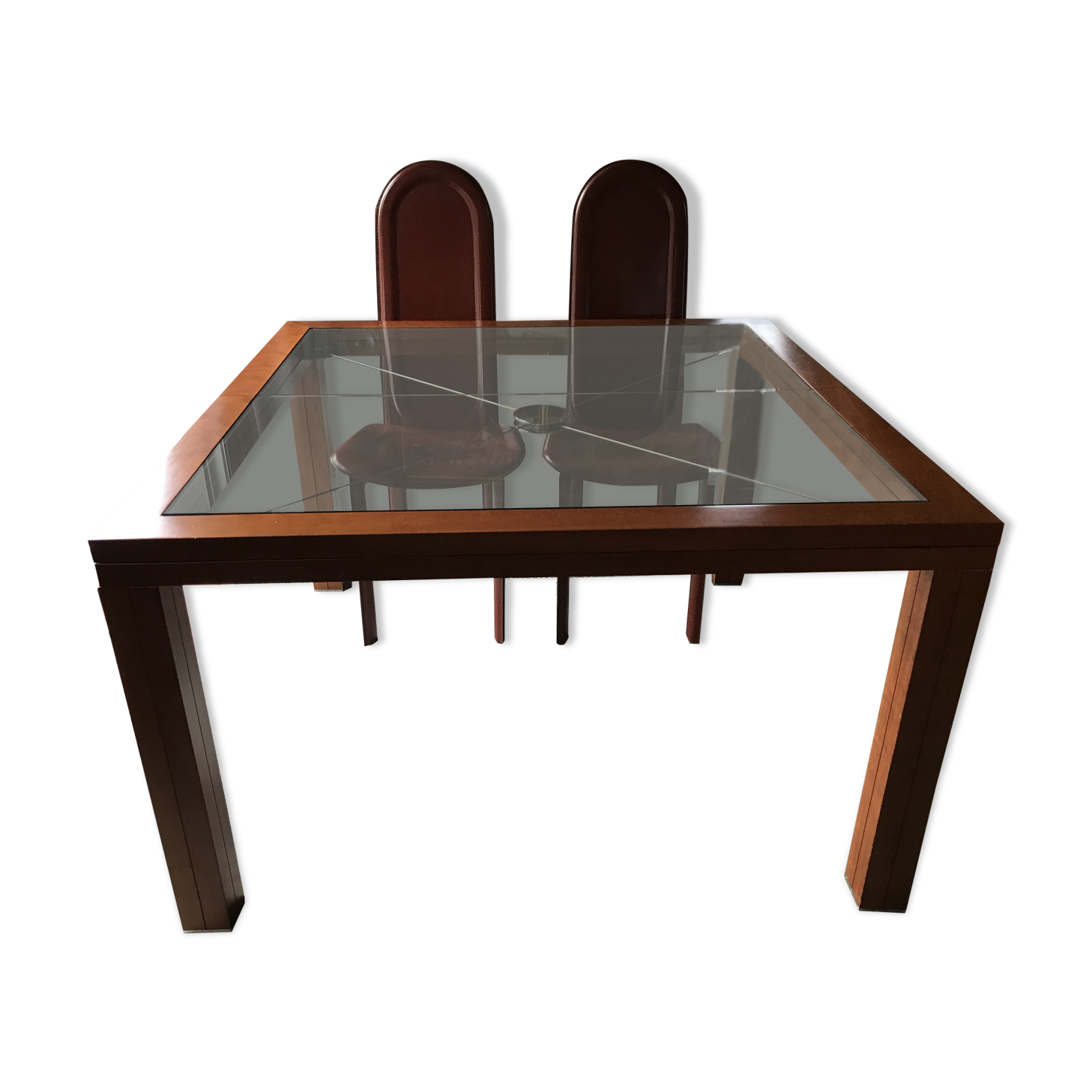 Table merisier plateau verre arbalète Roche Bobois