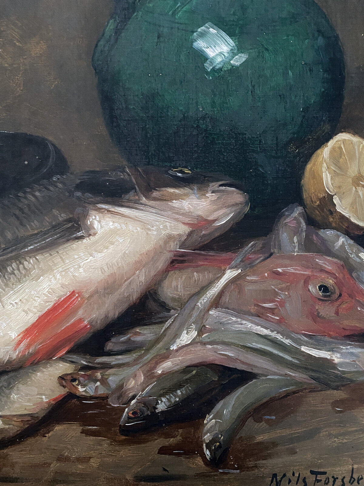 HST painting "Still Life with Fish" HST signed Nils II Forsberg