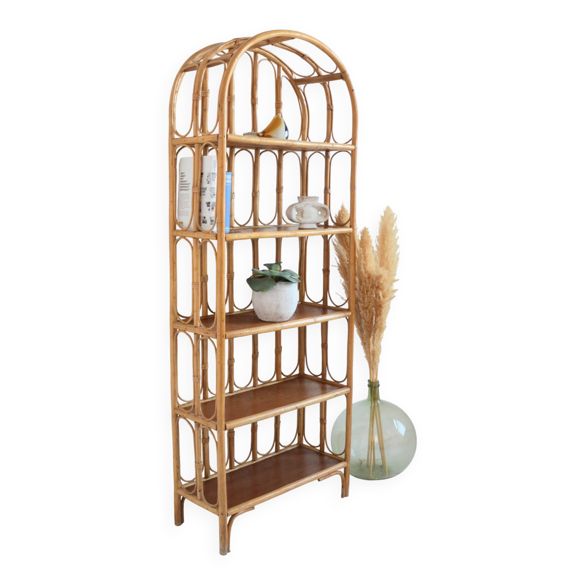 Library / Free-standing shelf in bamboo and rattan 1960s