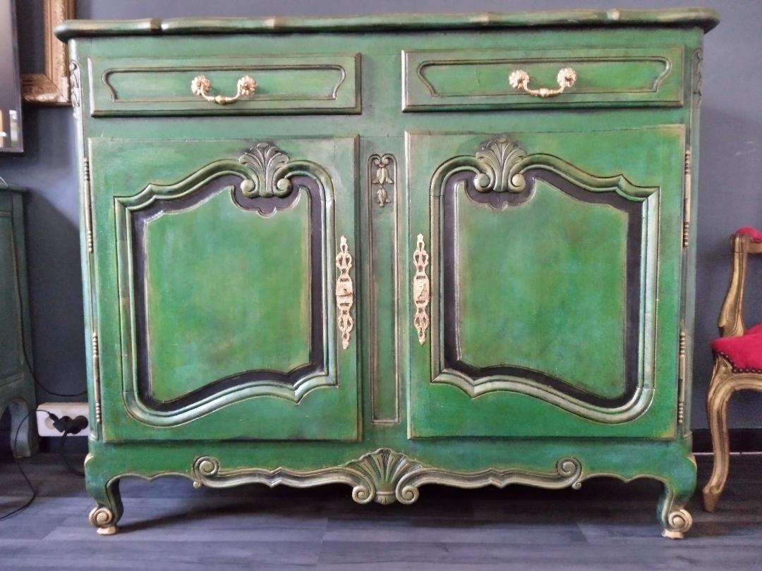 Buffet style Louis XV green and golden cerusé.