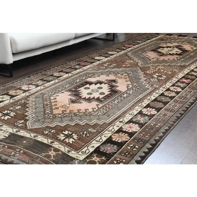 1970s Vintage Turkish Oushak Handmade Wool Cotton Brown Area Rug 85x317