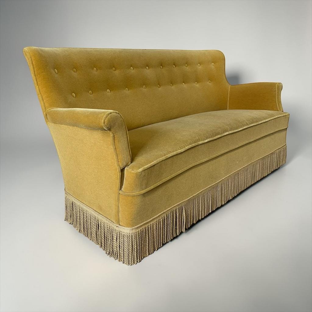 Vintage ochre yellow sofa / three-seater with fringes