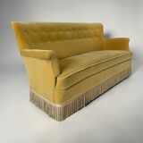 Vintage ochre yellow sofa / three-seater with fringes