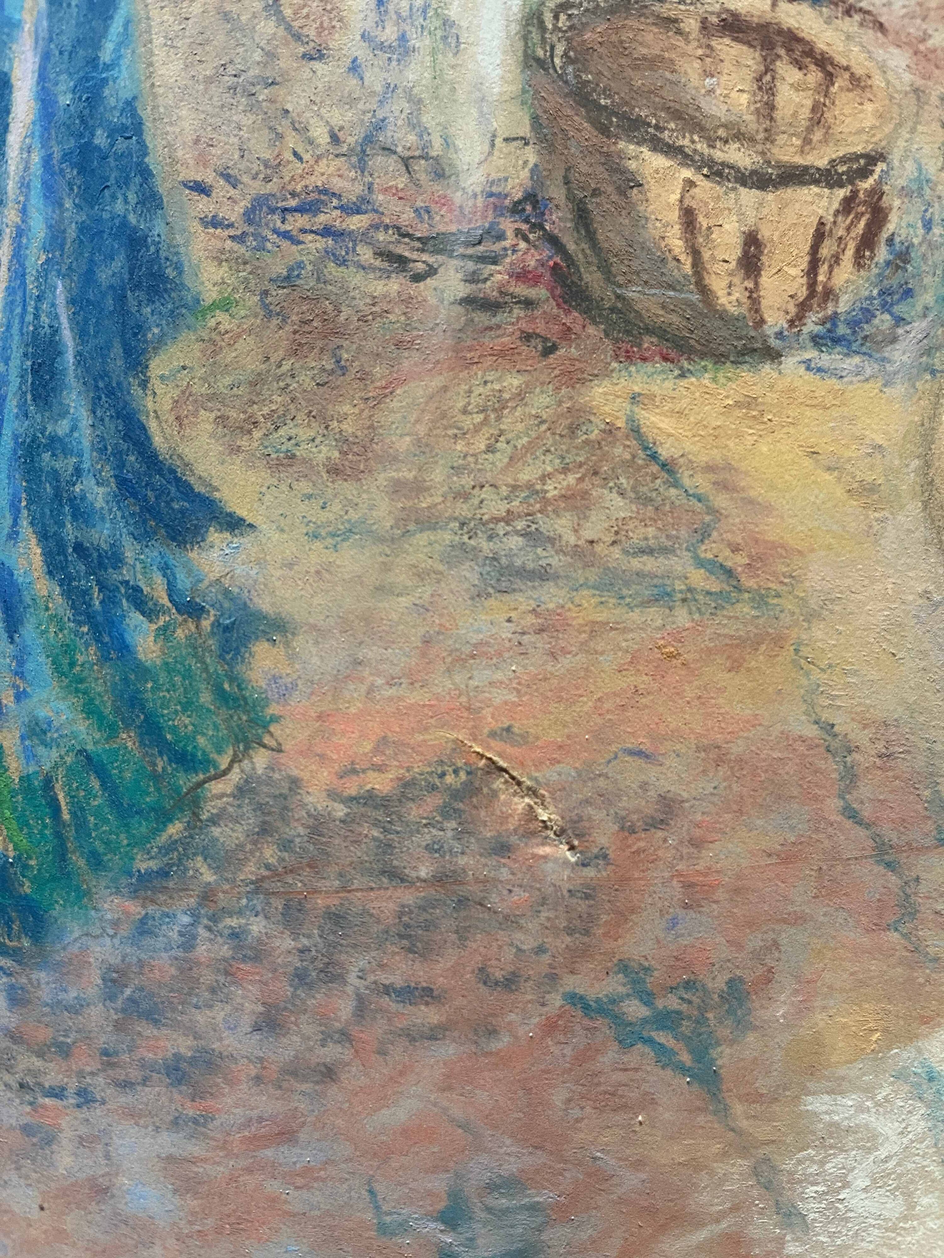 Orientalist Africanist painting "Market scene" Pastel mid 20th century