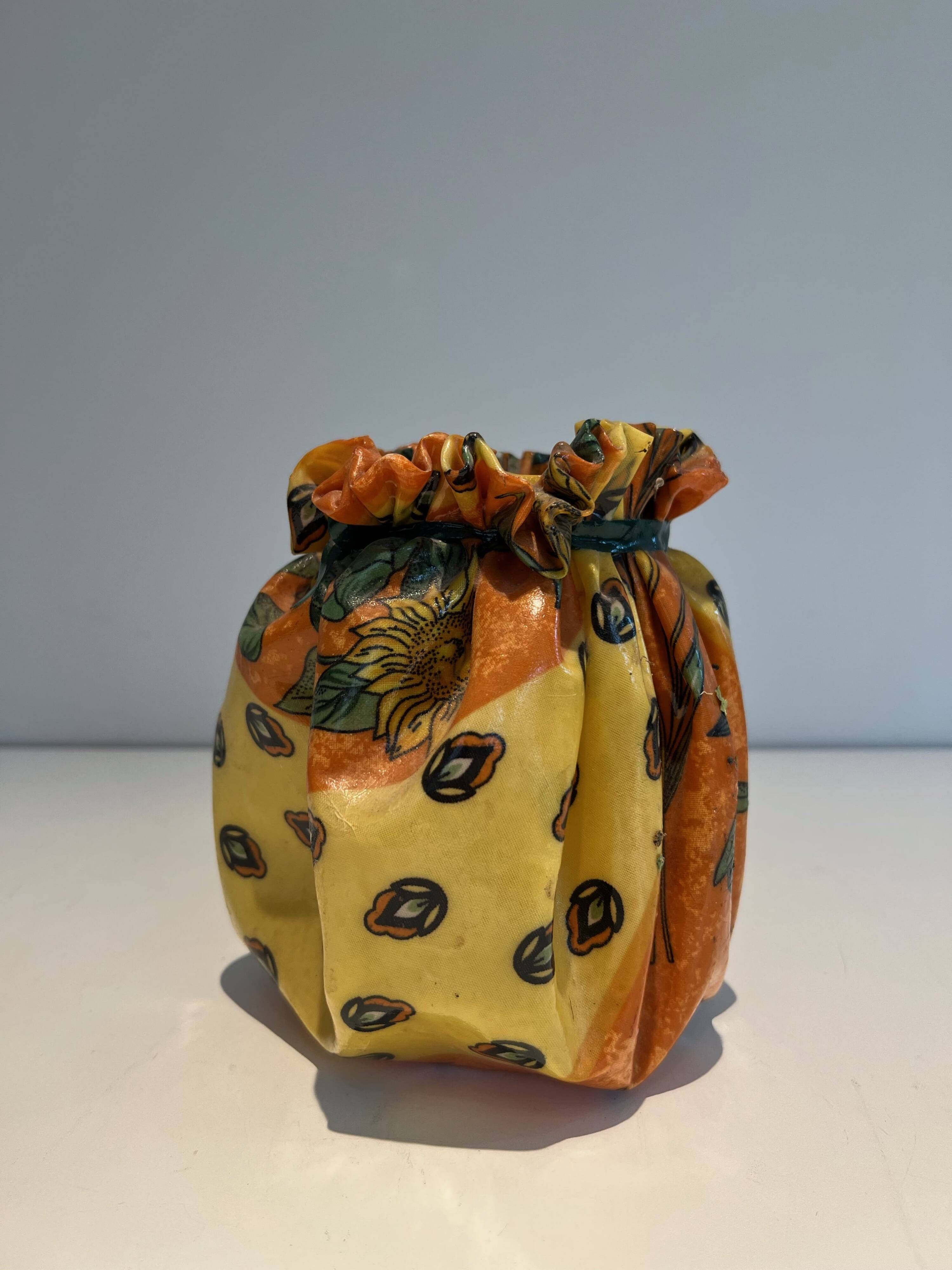 Trompe-l'Œil Ceramic Vase in the Shape of a Knotted Bag with Floral Decoration. Work