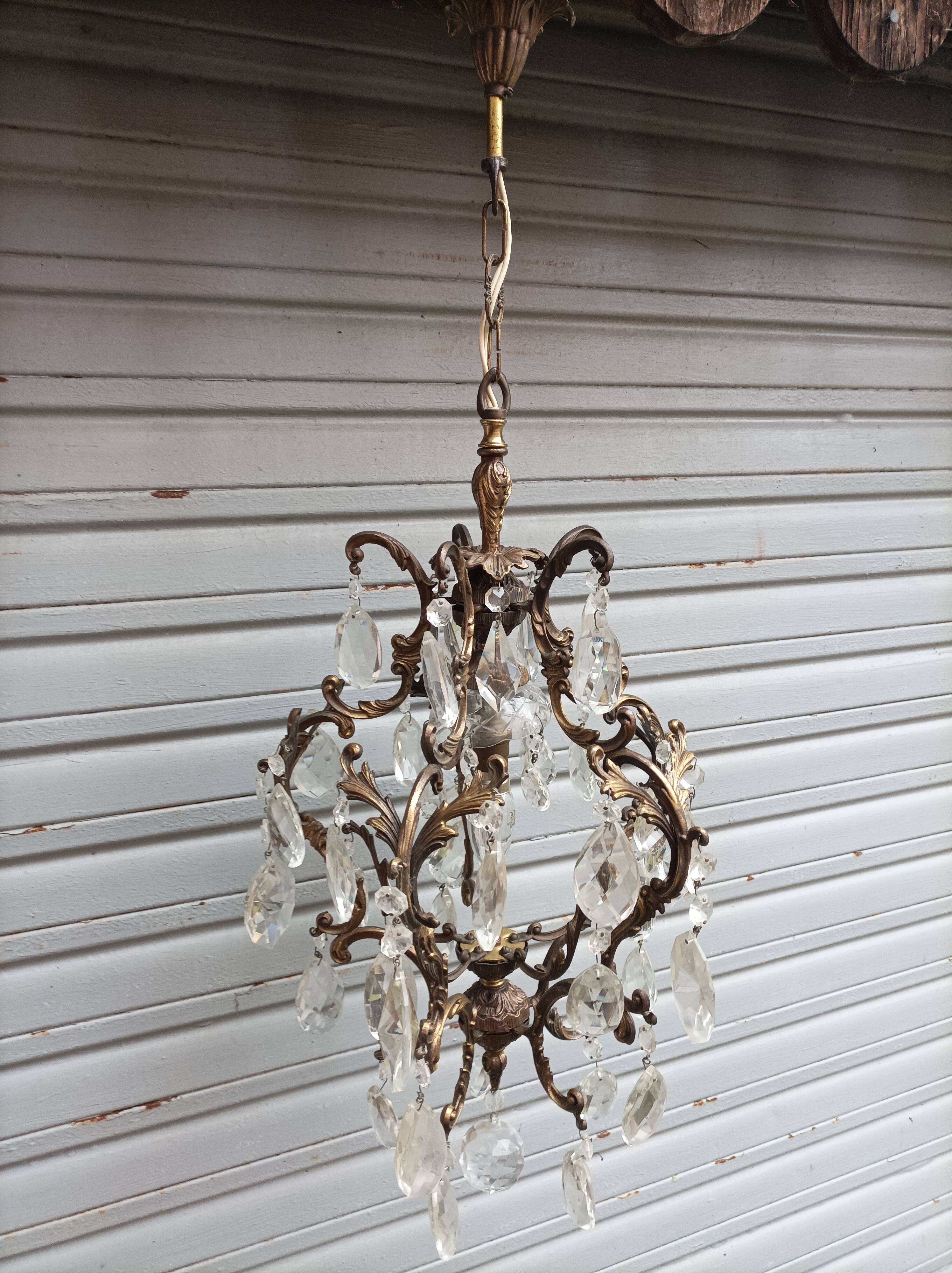 Rare old chandelier / lantern in patinated bronze, Louis XV style / working condition