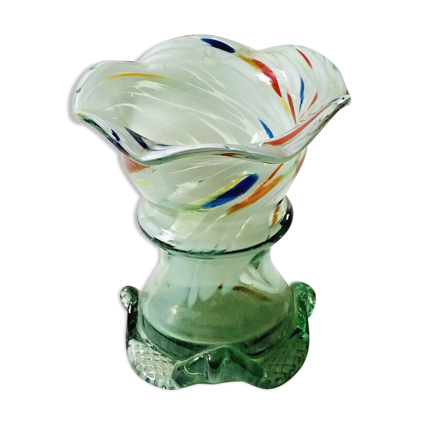 Murano glass vase with corolla neck in multi-colored glass and worked foot