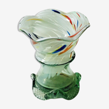 Vase en verre de Murano col en corolle en verre multicolore pied travaillé