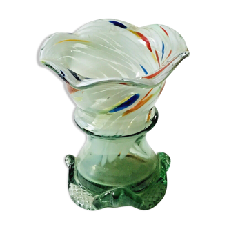 Murano glass vase with corolla neck in multi-colored glass and worked foot