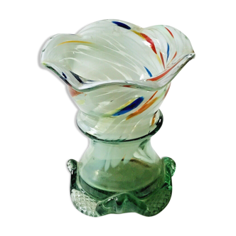Vase en verre de Murano col en corolle en verre multicolore pied travaillé