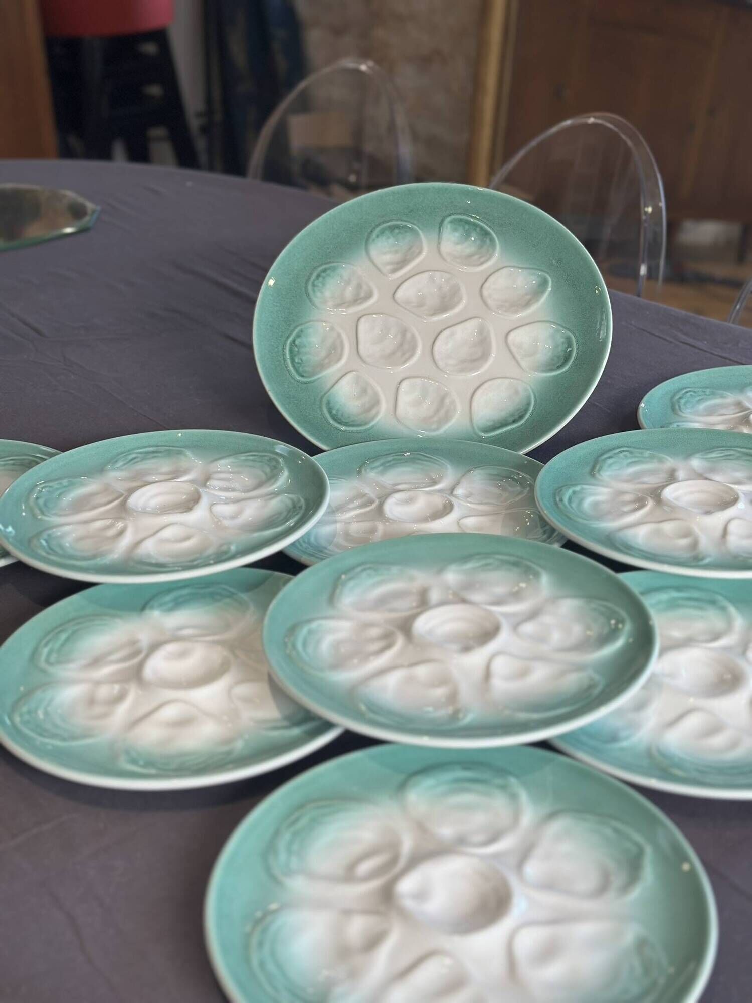 Niderviller sea-green earthenware oyster plates, set of 10 + dish