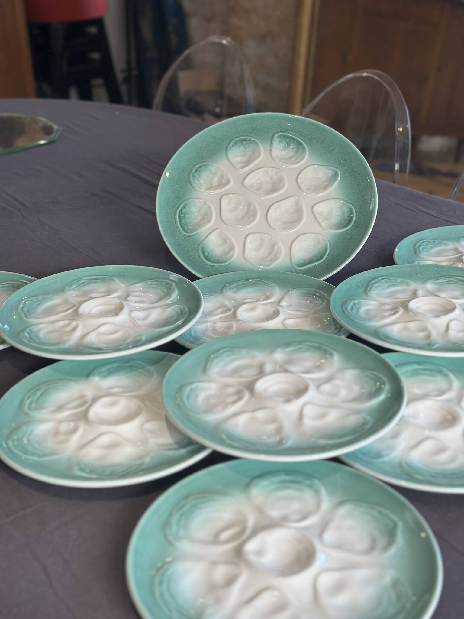 Niderviller sea-green earthenware oyster plates, set of 10 + dish