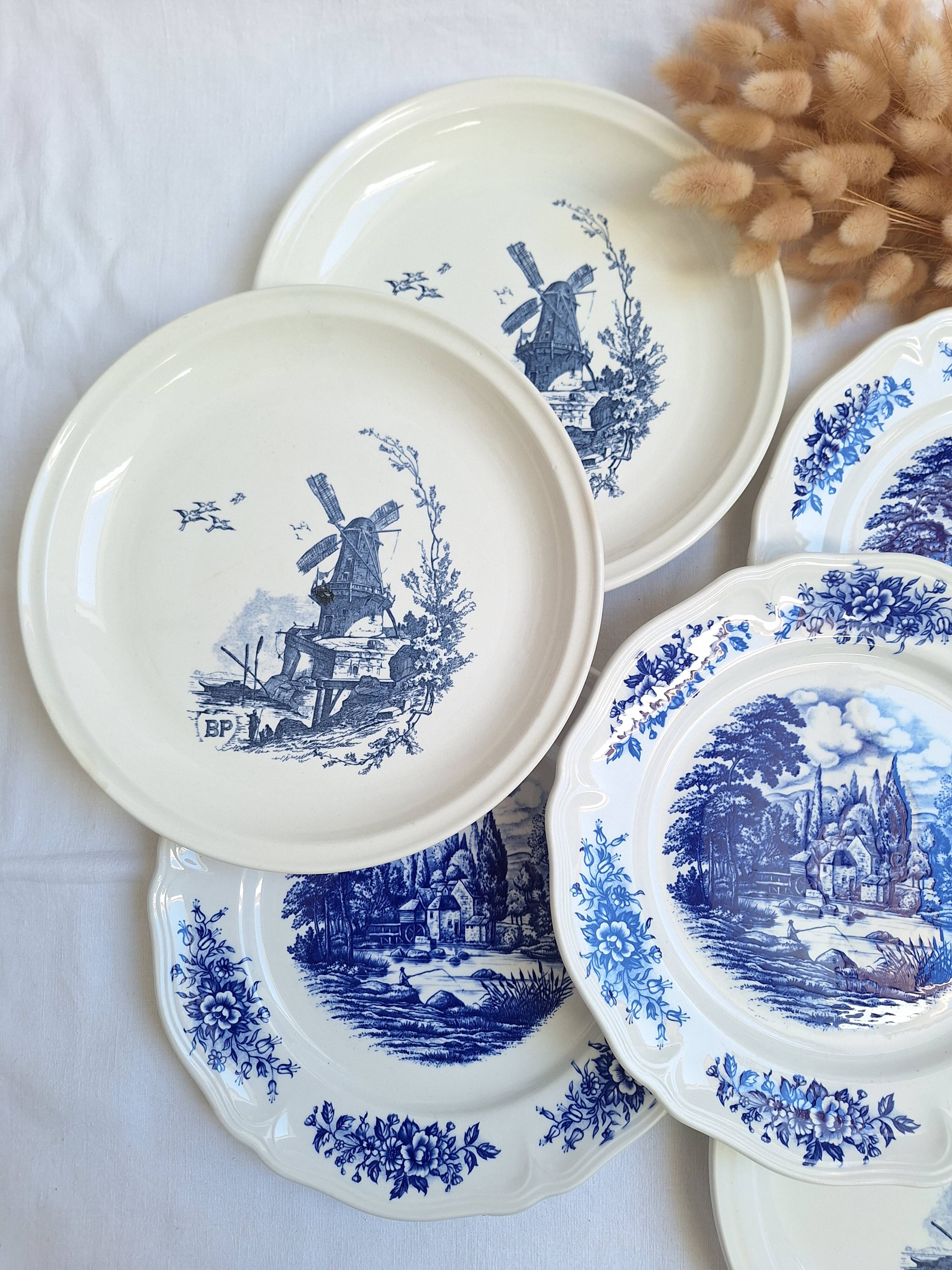 Vintage blue Moulin des Loups dinner plates
