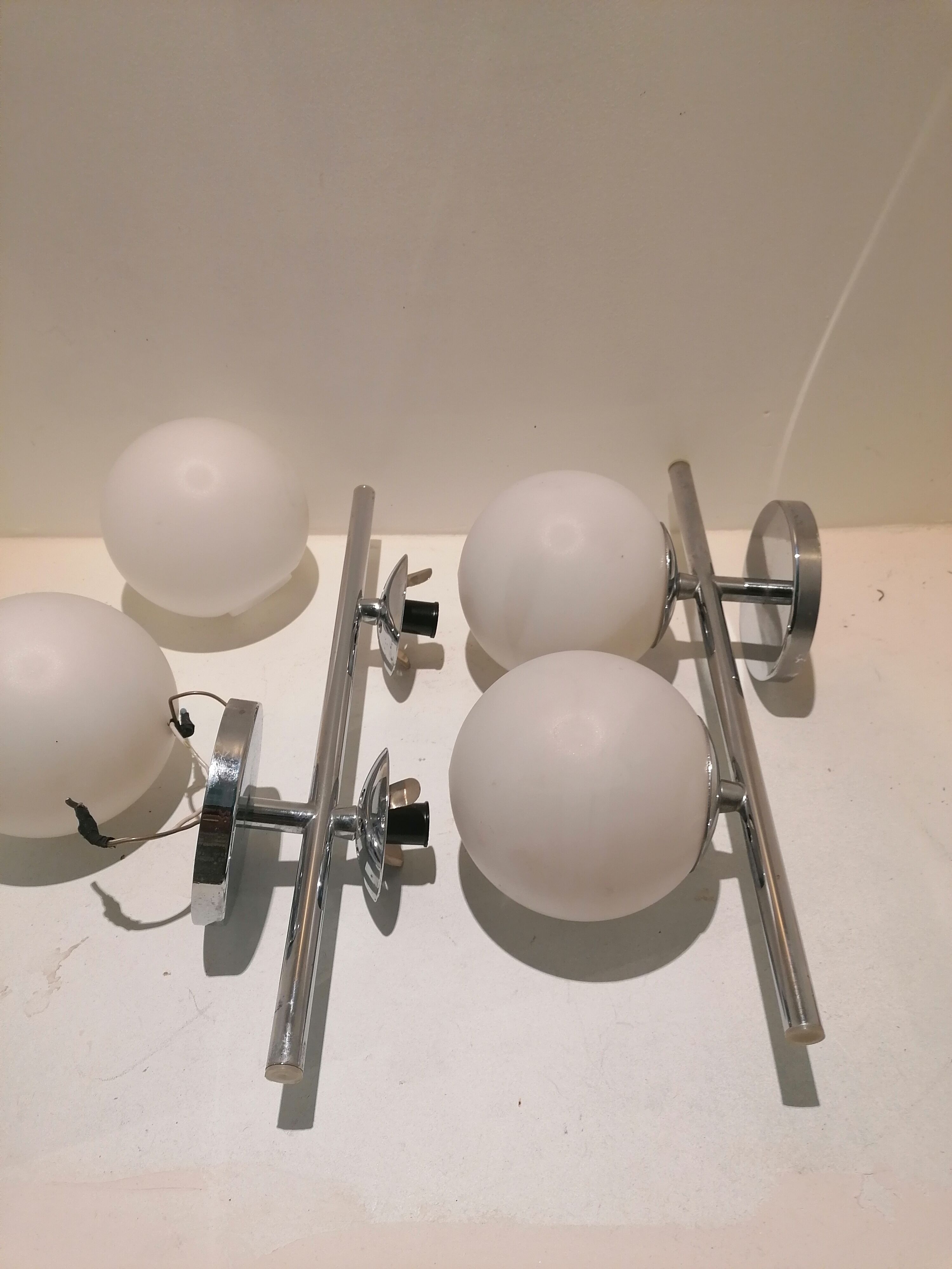 2 double chrome and opaline glass wall lamps 1960