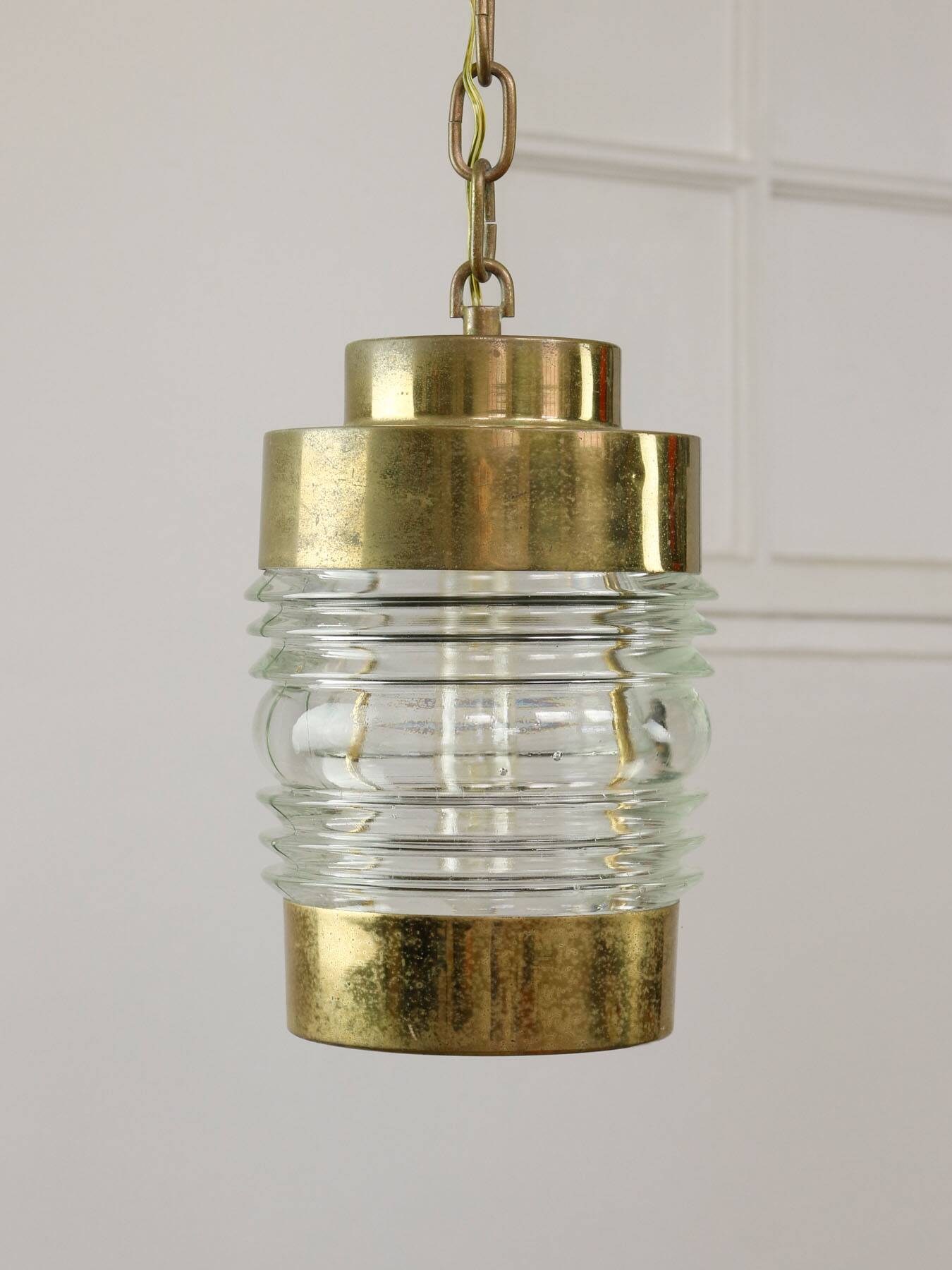 Vintage Italian Brass and Glass Lantern Pendant Lamp, 60s